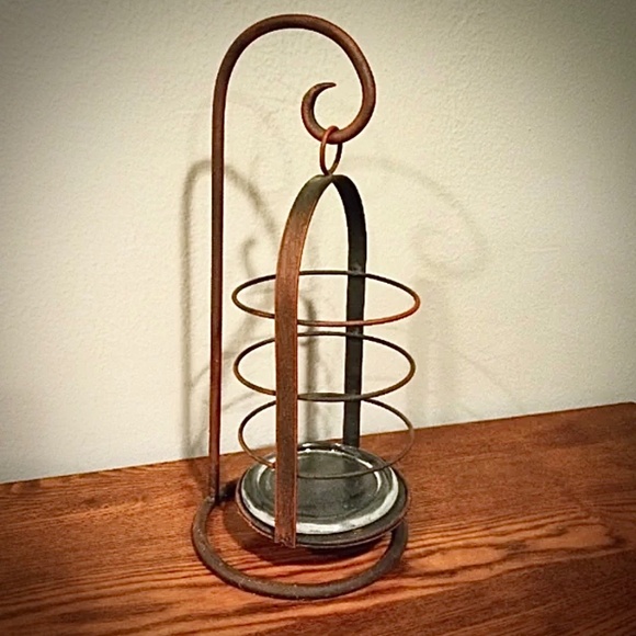 Vintage Aged Rustic Metal Candle Lantern Hook Stand 14” x 7” Real or Flameless - Picture 6 of 6